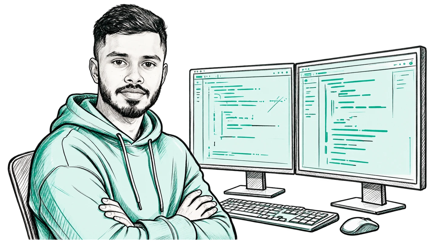 Hand-drawn developer in a jade hoodie beside a dual-monitor workstation.